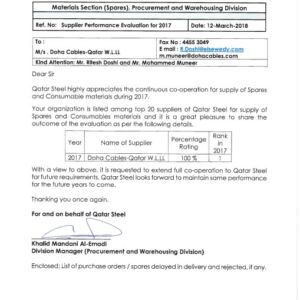 Qatar Steel Performance Certificate